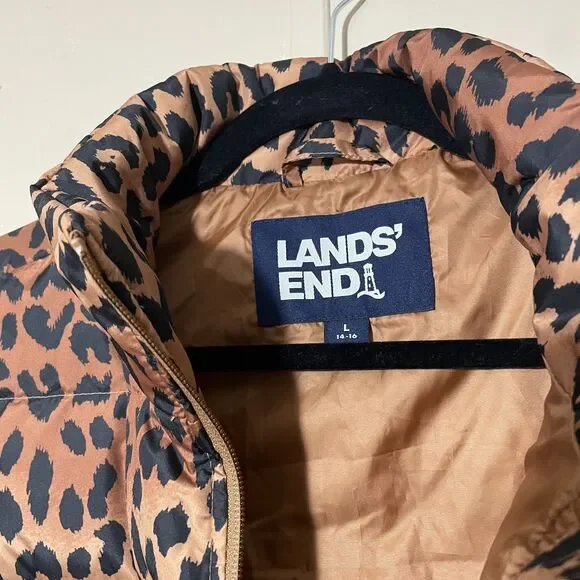 Lands End Women’s Cheetah Animal Print Puffer Vest 600 Down Zip Up SZ L 14/16 - Picture 4 of 11